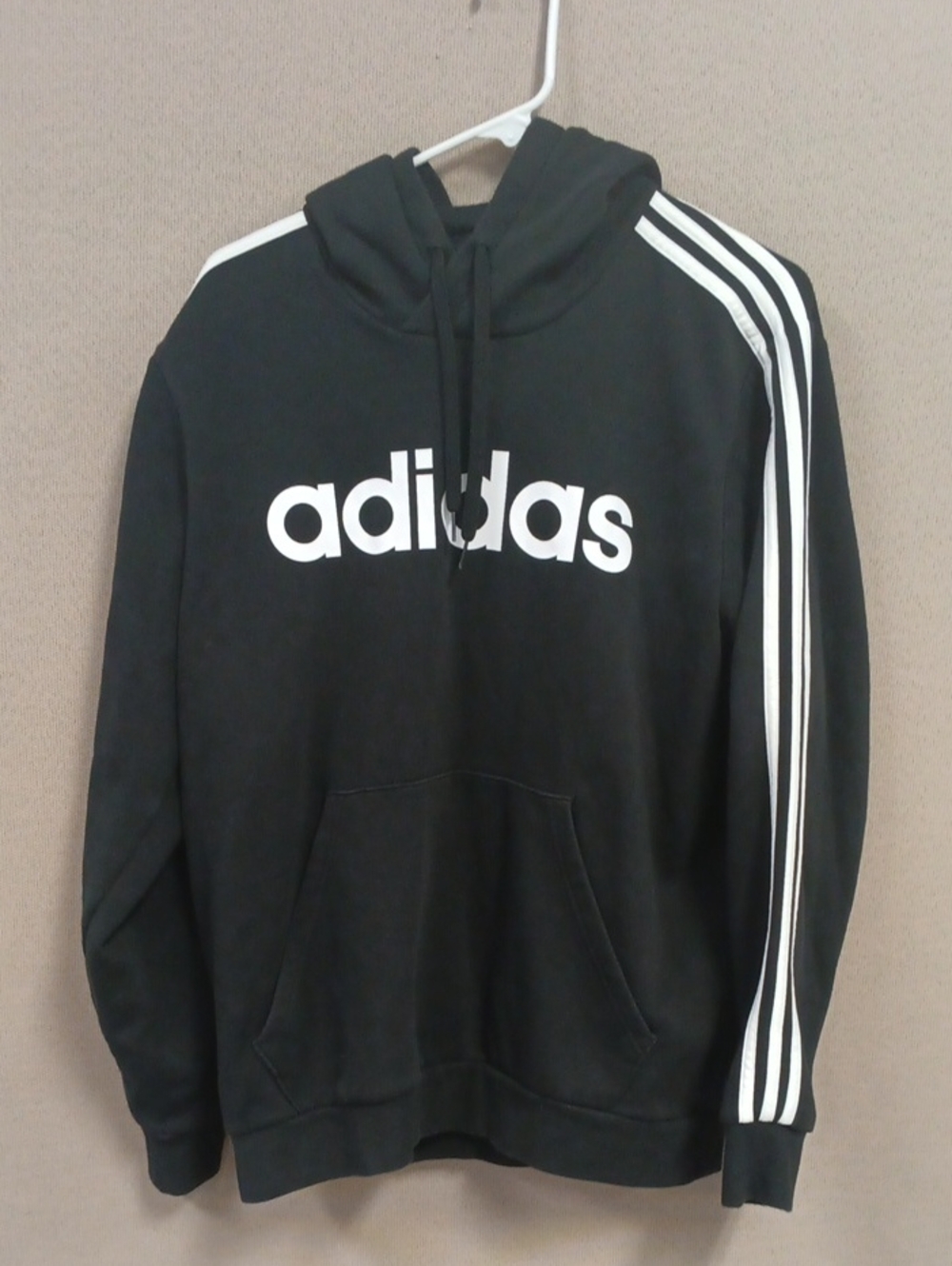 adidas Men's Black Hoodie Sweatshirt with White Logo and Stripes